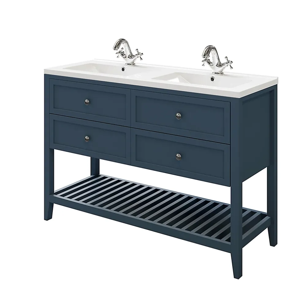 GoodHome Meuble sous vasque à poser 4 tiroirs 1 niche bleu mat l.120 cm Perma + plan double vasque Nira,