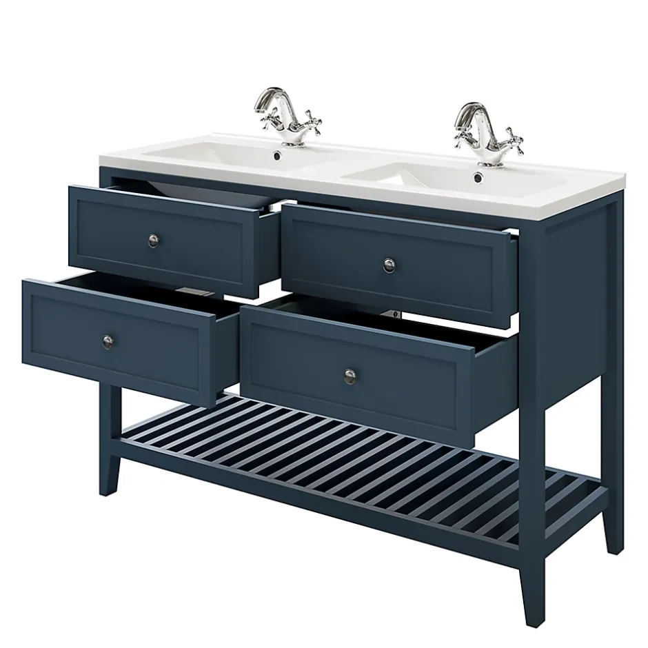 GoodHome Meuble sous vasque à poser 4 tiroirs 1 niche bleu mat l.120 cm Perma + plan double vasque Nira,