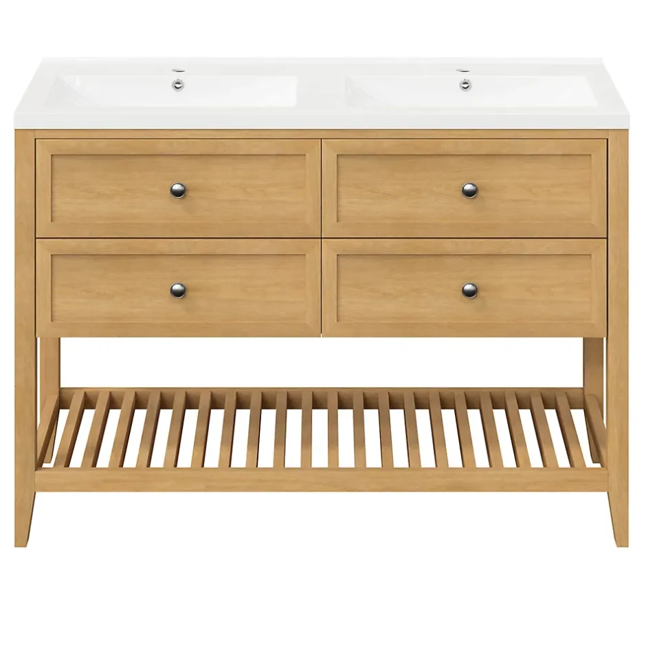 GoodHome Meuble sous vasque à poser 4 tiroirs placage chêne l.120 x H.80,6 x P.45 cm, Perma* Meuble Buanderie|Meuble Sous-Vasque