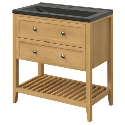 GoodHome Meuble sous vasque à poser 2 tiroirs placage chêne l.80 x H.80,6 x P.45 cm, Perma