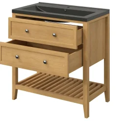 GoodHome Meuble sous vasque à poser 2 tiroirs placage chêne l.80 x H.80,6 x P.45 cm, Perma