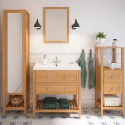 GoodHome Meuble sous vasque à poser 2 tiroirs 1 niche placage chêne l.80 cm Perma + plan vasque blanc Lana,* Meuble Vasque