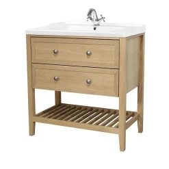 GoodHome Meuble sous vasque à poser 2 tiroirs 1 niche placage chêne l.80 cm Perma + plan vasque blanc Lana,* Meuble Vasque