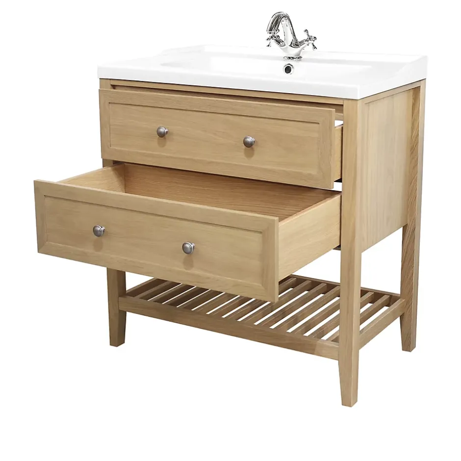 GoodHome Meuble sous vasque à poser 2 tiroirs 1 niche placage chêne l.80 cm Perma + plan vasque blanc Lana,* Meuble Vasque