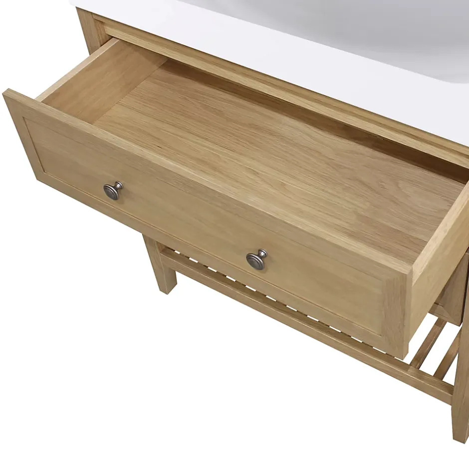 GoodHome Meuble sous vasque à poser 2 tiroirs 1 niche placage chêne l.80 cm Perma + plan vasque blanc Lana,* Meuble Vasque