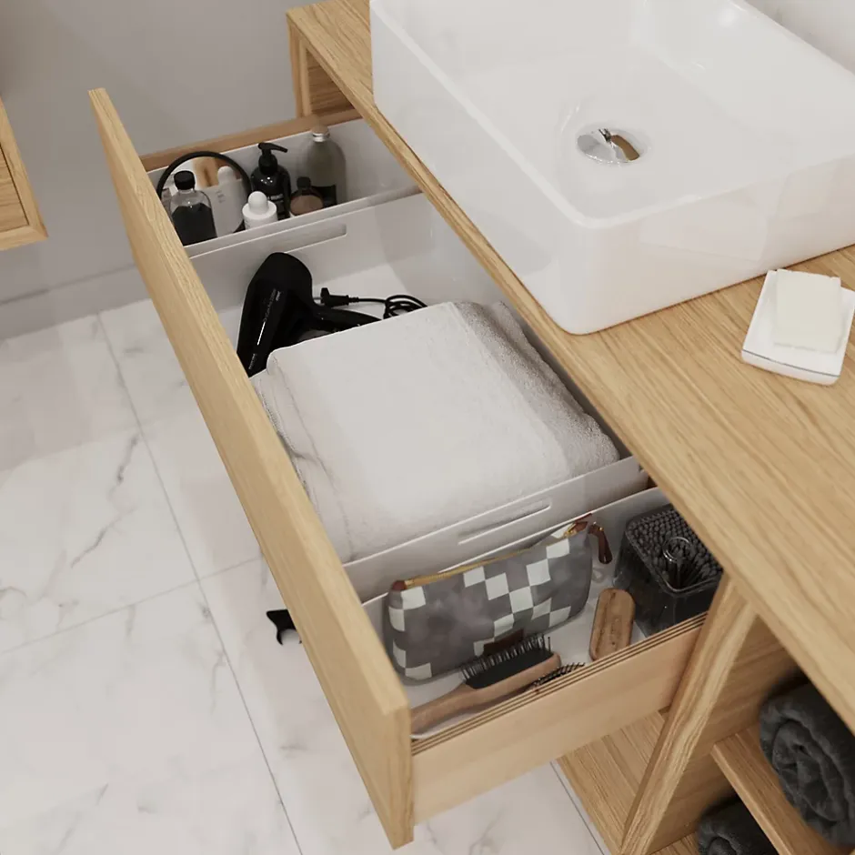 GoodHome Meuble sous vasque à suspendre Avela placage chêne 100 cm* Meuble Buanderie