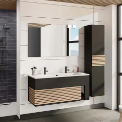 Decotec Meuble sous vasque à suspendre Archi noir mat 120 cm + plan vasque en Céramyl® pour 2 mitigeurs