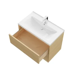 GoodHome Meuble sous vasque à suspendre Avela placage chêne 80 cm + plan vasque Nira