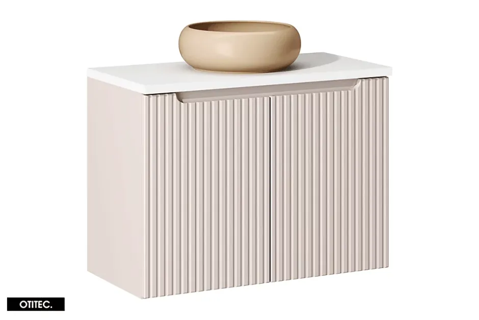 Otitec Meuble sous vasque de 80 cm - avec vasque à poser - avec plan - Cachemire Mat/Blanc - 2 portes - VOLTA CASHMERE* Meuble Sous Lavabo