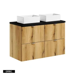 Otitec Meuble sous vasque de 100 cm - avec 2 vasques à poser - avec plan - Noir/Oak - 4 tiroirs - VOLTA OAK