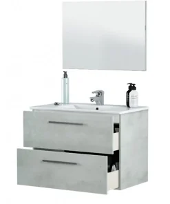 Pegane Meuble sous vasque de salle de bain Suspendu 80 cm + miroir coloris béton - Hauteur 57 x Longueur 80 x Profondeur 45 cm