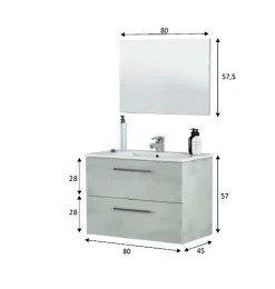 Pegane Meuble sous vasque de salle de bain Suspendu 80 cm + miroir coloris béton - Hauteur 57 x Longueur 80 x Profondeur 45 cm