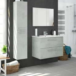 Pegane Meuble sous vasque de salle de bain Suspendu 80 cm + miroir coloris béton - Hauteur 57 x Longueur 80 x Profondeur 45 cm