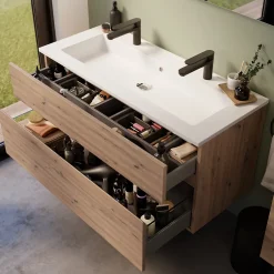 Meuble sous vasque effet chêne artisan l.120 cm 2 tiroirs, Calao