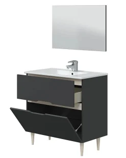 Pegane Meuble sous vasque en panneaux de particules mélaminés coloris noir avec miroir - Longueur 80 x Profondeur 45 x Hauteur 80 cm