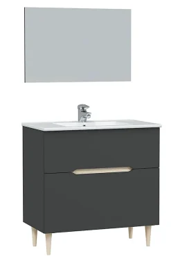Pegane Meuble sous vasque en panneaux de particules mélaminés coloris noir avec miroir - Longueur 80 x Profondeur 45 x Hauteur 80 cm