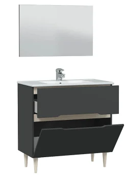 Pegane Meuble sous vasque en panneaux de particules mélaminés coloris noir avec miroir - Longueur 80 x Profondeur 45 x Hauteur 80 cm