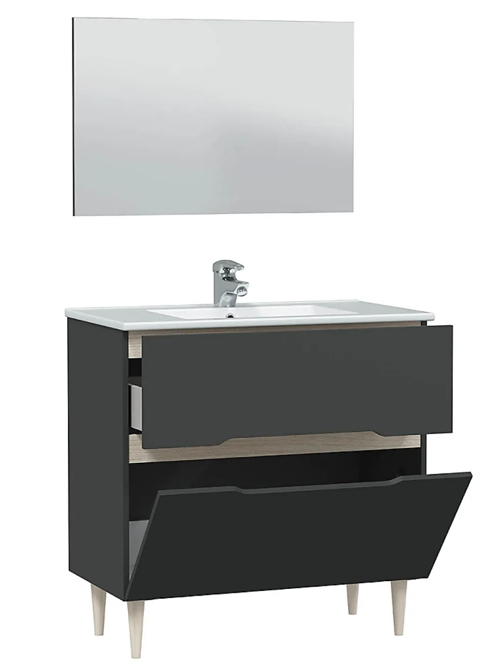 Pegane Meuble sous vasque en panneaux de particules mélaminés coloris noir avec miroir - Longueur 80 x Profondeur 45 x Hauteur 80 cm