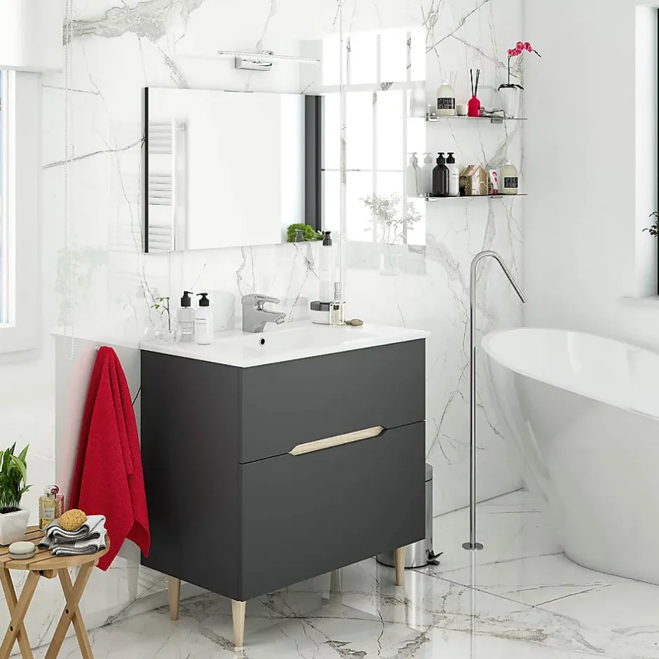 Pegane Meuble sous vasque en panneaux de particules mélaminés coloris noir avec miroir - Longueur 80 x Profondeur 45 x Hauteur 80 cm