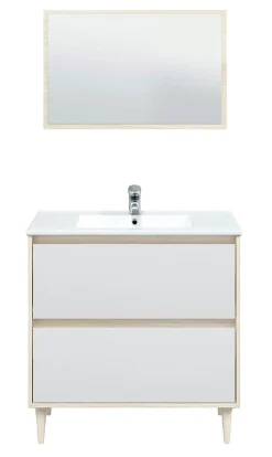Pegane Meuble sous vasque en panneaux de particules mélaminés coloris chêne avec miroir - Longueur 80 x Profondeur 45 x Hauteur 80 cm
