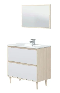 Pegane Meuble sous vasque en panneaux de particules mélaminés coloris chêne avec miroir - Longueur 80 x Profondeur 45 x Hauteur 80 cm