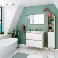 Pegane Meuble sous vasque en panneaux de particules mélaminés coloris chêne avec miroir - Longueur 80 x Profondeur 45 x Hauteur 80 cm