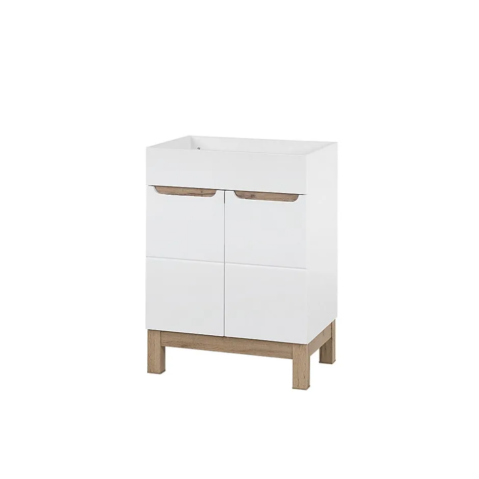 Meublorama Meuble sous vasque ERMANO Chene clair et blanc brillant 60x84 cm 1 porte À poser* Meuble Sous-Vasque