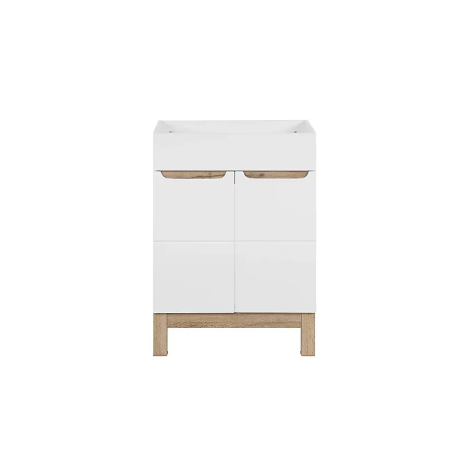 Meublorama Meuble sous vasque ERMANO Chene clair et blanc brillant 60x84 cm 1 porte À poser* Meuble Sous-Vasque
