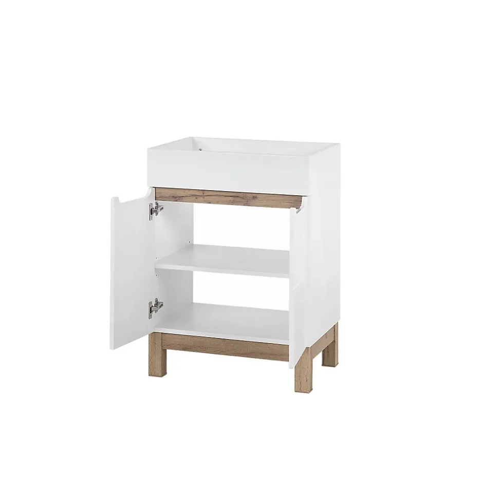 Meublorama Meuble sous vasque ERMANO Chene clair et blanc brillant 60x84 cm 1 porte À poser* Meuble Sous-Vasque