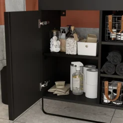 GoodHome Meuble sous vasque faible profondeur à poser avec porte-serviettes noir l.65 x H.82 x P.36 cm, Maza* Meuble Buanderie|Meuble De Salle De Bains Faible Profondeur