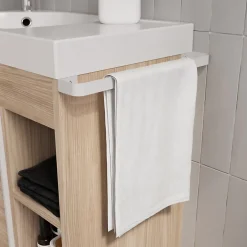 GoodHome Meuble sous vasque faible profondeur à poser avec porte-serviettes effet bois l.65 x H.82 x P.36 cm, Maza