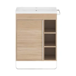 GoodHome Meuble sous vasque faible profondeur à poser avec porte-serviettes effet bois l.65 x H.82 x P.36 cm, Maza