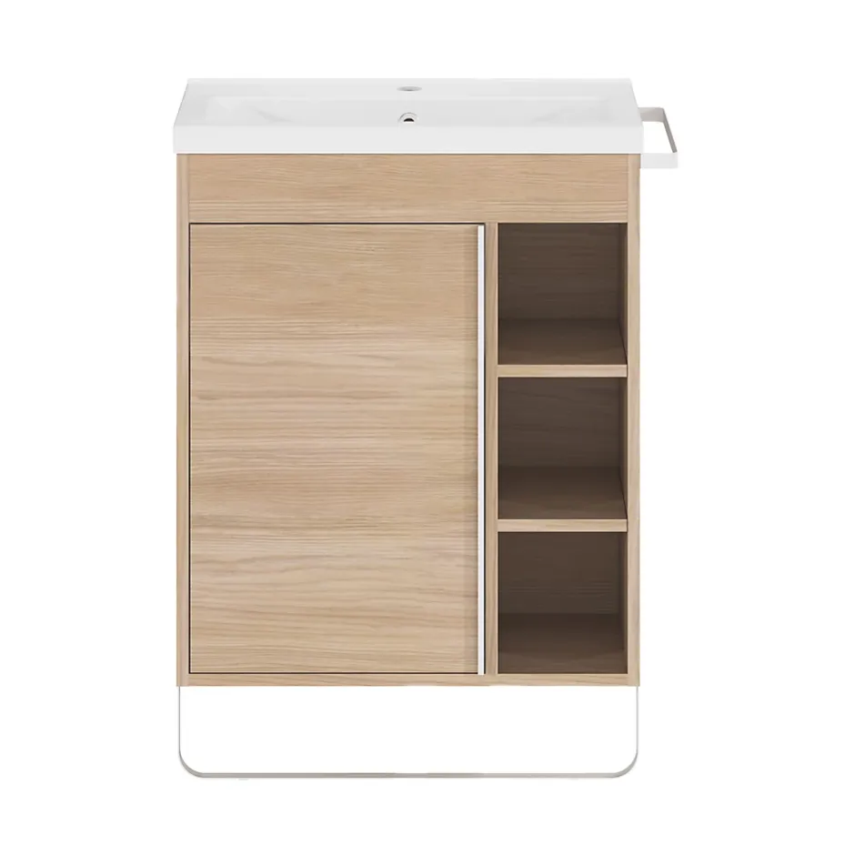 GoodHome Meuble sous vasque faible profondeur à poser avec porte-serviettes effet bois l.65 x H.82 x P.36 cm, Maza