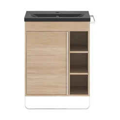 GoodHome Meuble sous vasque faible profondeur à poser avec porte-serviettes effet bois l.65 x H.82 x P.36 cm, Maza