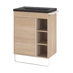 GoodHome Meuble sous vasque faible profondeur à poser avec porte-serviettes effet bois l.65 x H.82 x P.36 cm, Maza