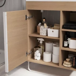 GoodHome Meuble sous vasque faible profondeur à poser avec porte-serviettes effet bois l.65 x H.82 x P.36 cm, Maza