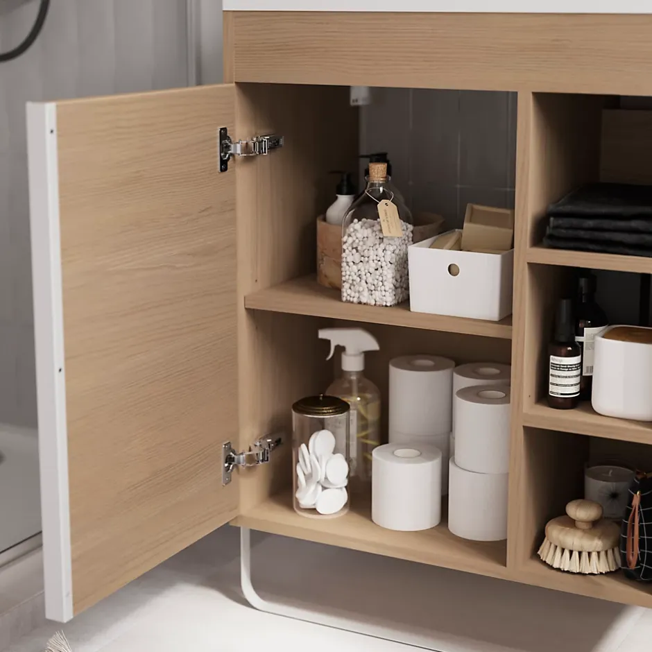 GoodHome Meuble sous vasque faible profondeur à poser avec porte-serviettes effet bois l.65 x H.82 x P.36 cm, Maza