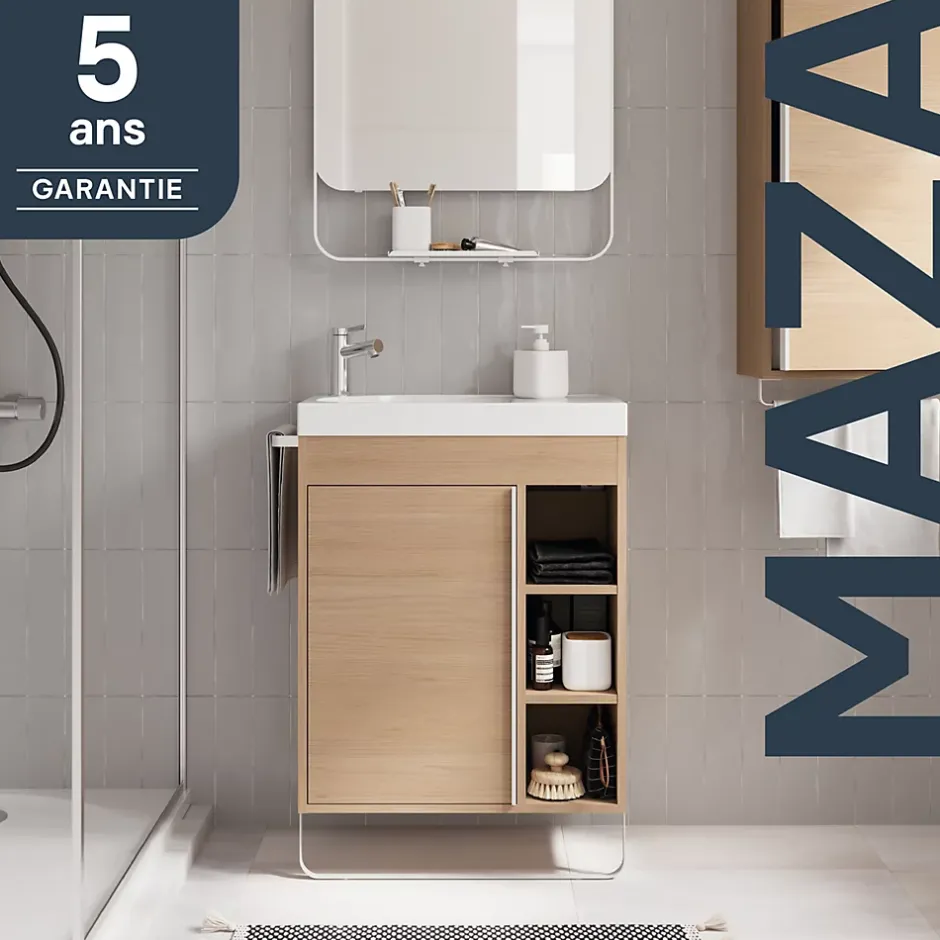 GoodHome Meuble sous vasque faible profondeur à poser avec porte-serviettes effet bois l.65 x H.82 x P.36 cm, Maza