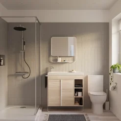 GoodHome Meuble sous vasque faible profondeur à poser avec porte-serviettes effet bois l.85 x H.82 x P.36 cm, Maza* Meuble Buanderie|Meuble De Salle De Bains Faible Profondeur