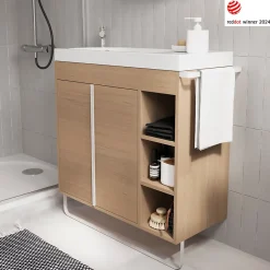 GoodHome Meuble sous vasque faible profondeur à poser avec porte-serviettes effet bois l.85 x H.82 x P.36 cm, Maza* Meuble Buanderie|Meuble De Salle De Bains Faible Profondeur