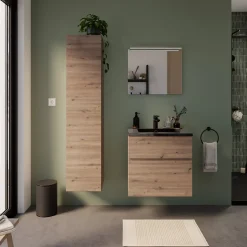 Meuble sous vasque faible profondeur effet chêne artisan l.60 cm 2 tiroirs, Calao* Meuble Buanderie|Meuble De Salle De Bains Faible Profondeur
