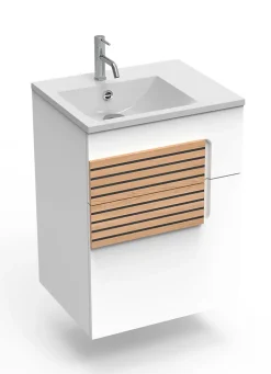 Decotec Meuble sous vasque faible largeur l.55 cm 1 tiroir blanc mat + plan vasque en Céramyl®, Archi* Lave-Mains
