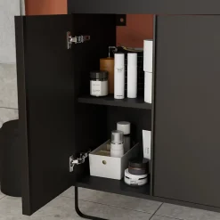 GoodHome Meuble sous vasque faible profondeur à poser avec porte-serviettes noir l.85 x H.82 x P.36 cm, Maza* Meuble Buanderie|Meuble De Salle De Bains Faible Profondeur