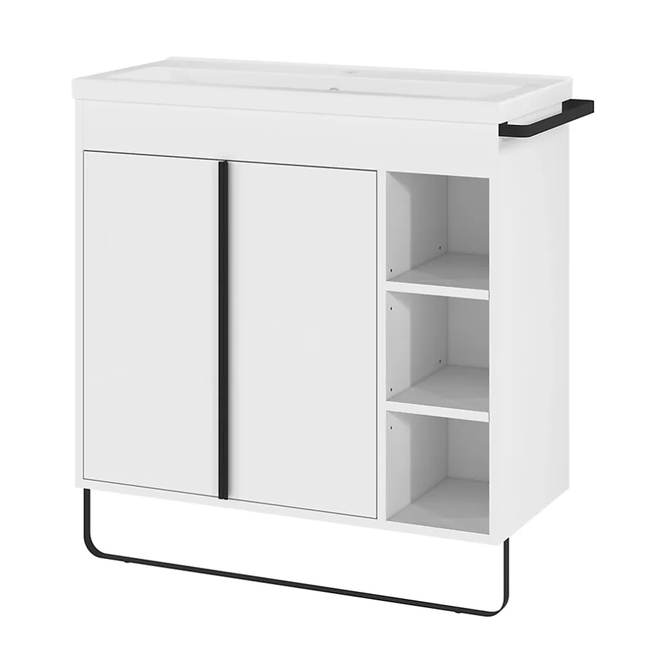 GoodHome Meuble sous vasque faible profondeur à poser avec porte-serviettes blanc l.85 x H.82 x P.36 cm, Maza