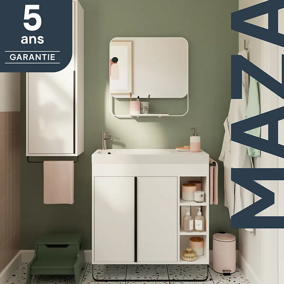 GoodHome Meuble sous vasque faible profondeur à poser avec porte-serviettes blanc l.85 x H.82 x P.36 cm, Maza