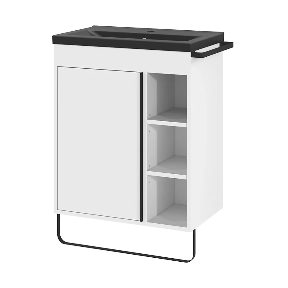GoodHome Meuble sous vasque faible profondeur à poser avec porte-serviettes blanc l.65 x H.82 x P.36 cm, Maza