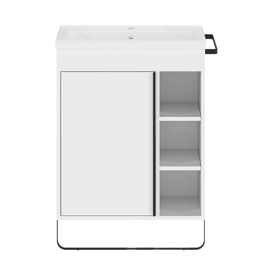 GoodHome Meuble sous vasque faible profondeur à poser avec porte-serviettes blanc l.65 x H.82 x P.36 cm, Maza