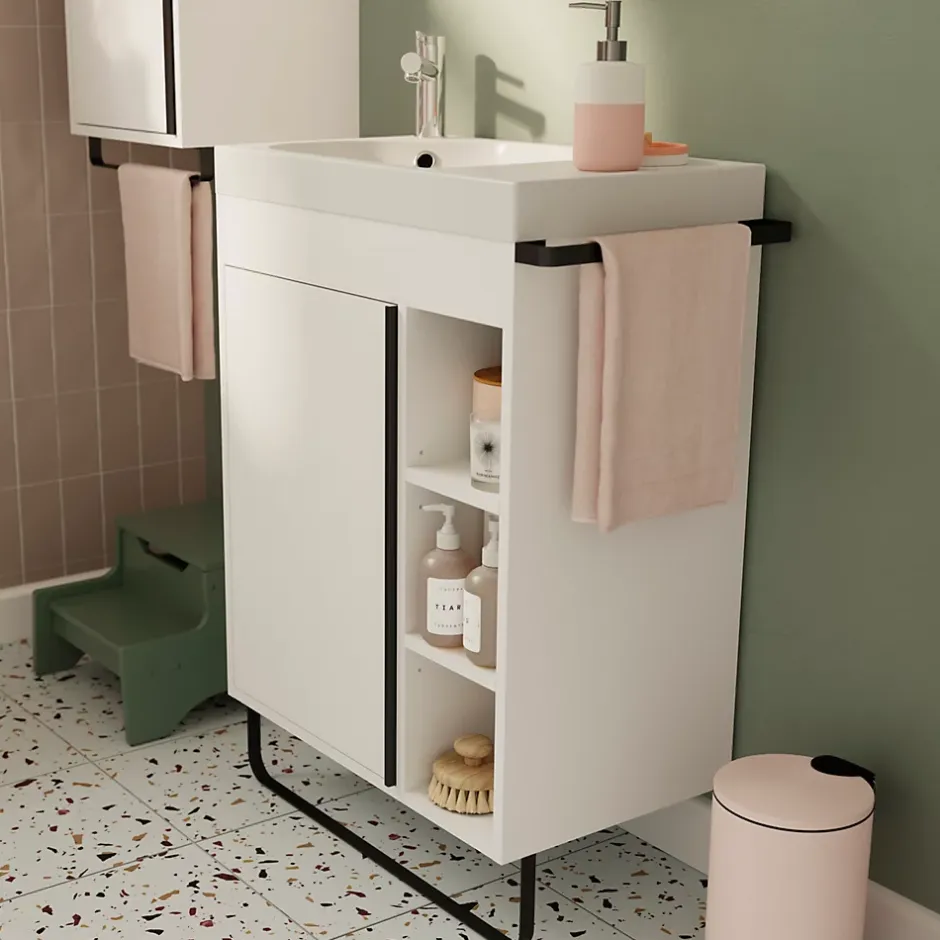 GoodHome Meuble sous vasque faible profondeur à poser avec porte-serviettes blanc l.65 x H.82 x P.36 cm, Maza
