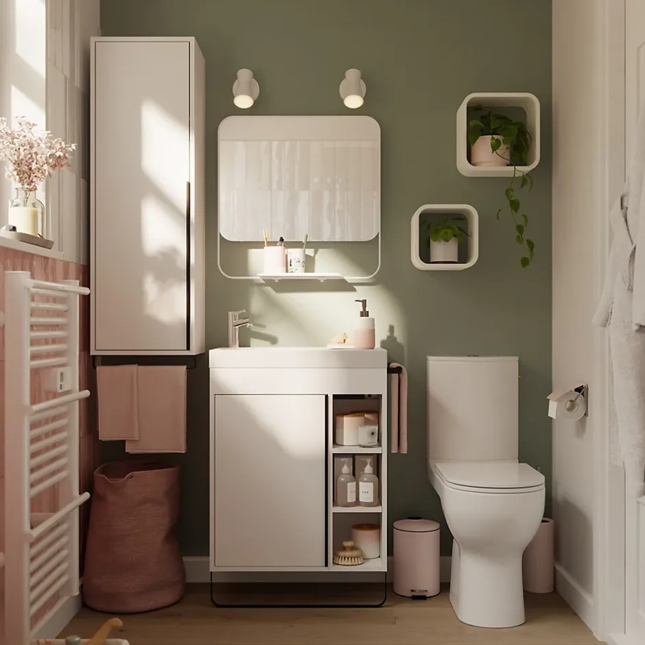 GoodHome Meuble sous vasque faible profondeur à poser avec porte-serviettes blanc l.65 x H.82 x P.36 cm, Maza