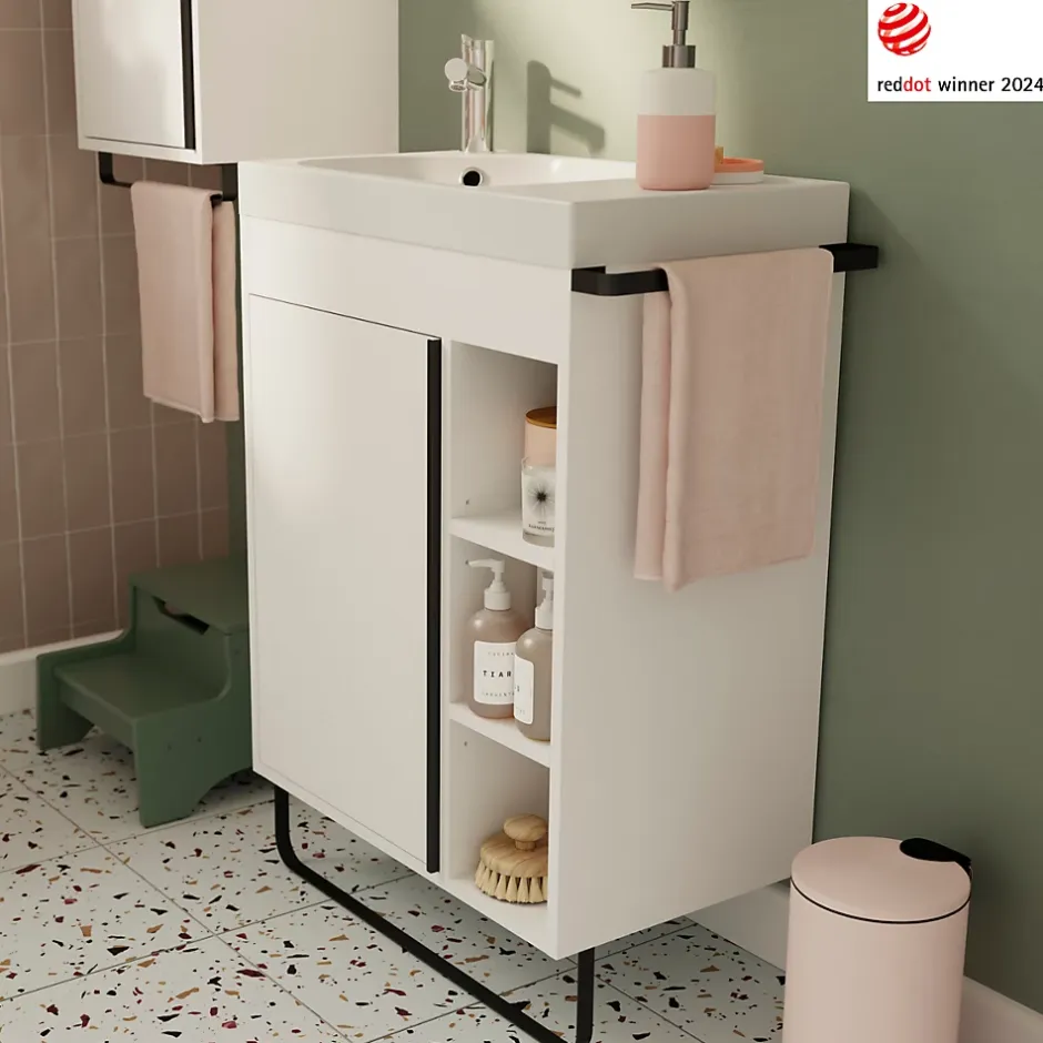 GoodHome Meuble sous vasque faible profondeur à poser avec porte-serviettes blanc l.65 x H.82 x P.36 cm, Maza